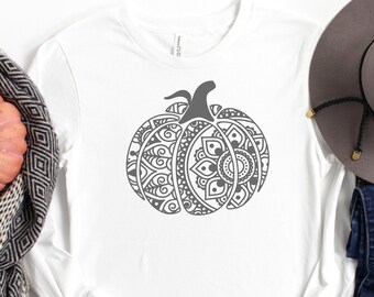 Mandala Pumpkin Long Sleeve Shirt - Fall Shirt - Pumpkin Shirt - Women's Shirt