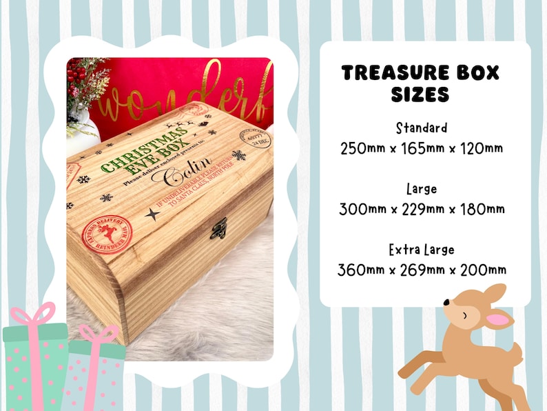 May include: A rectangular wooden Christmas Eve box with a metal latch, featuring printed text including 'CHRISTMAS EVE BOX', 'Colin', and 'SANTA CLAUS, NORTH POLE'. A chart lists sizes: Standard 250mm x 165mm x 120mm, Large 300mm x 229mm x 180mm, and Extra Large 360mm x 269mm x 200mm.