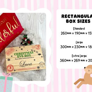 May include: A wooden Christmas Eve box with printed text and graphics, including the name Luca. A chart lists rectangular box sizes: Standard 260mm x 190mm x 155mm, Large 300mm x 230mm x 180mm, and Extra Large 360mm x 269mm x 200mm.