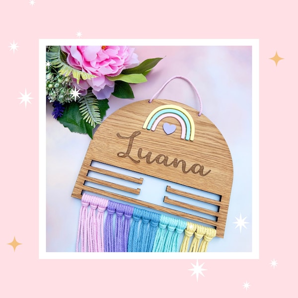 Cute Rainbow Wooden Mecrame Bow Holder to organise your collection of hair clips