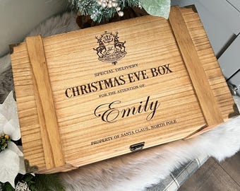 Luxury Christmas Eve Box, engraved personalised wooden treasure chest, Traditional Santa Gifts