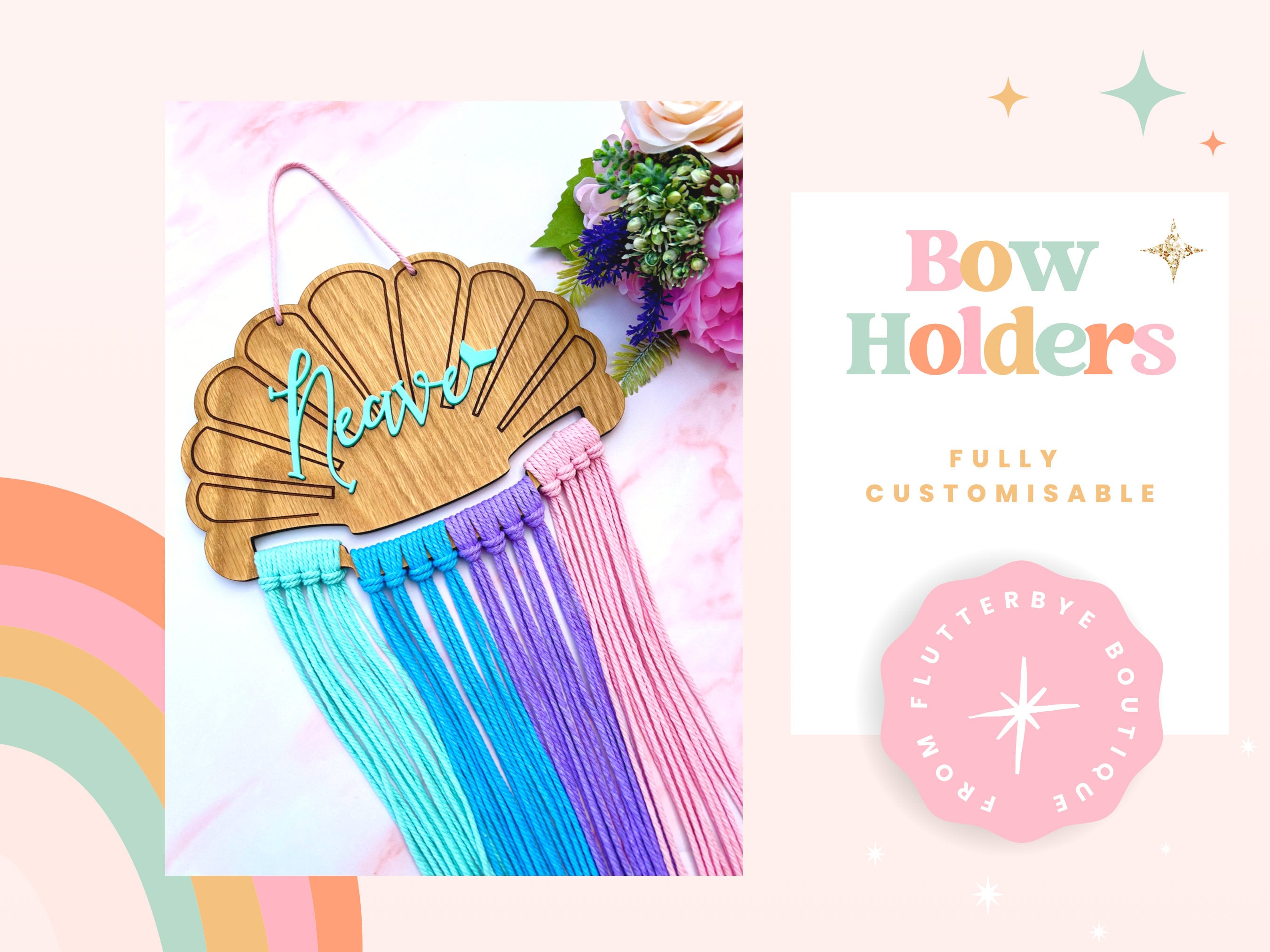 Wooden Mecrame Mermaid Shell Bow Holder to organise your collection of hair clips