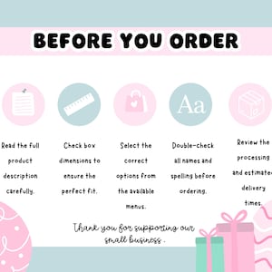 May include: An informational graphic titled BEFORE YOU ORDER with five circular icons representing a document, ruler, shopping bag, letters Aa, and a box. Text instructions guide customers to read descriptions, check dimensions, select options, verify spelling, and review delivery times.