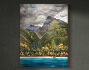 May include: A painting of a mountain range with a lake in the foreground. The mountains are green and the lake is blue. The sky is cloudy and gray. The painting is framed in a brown frame.