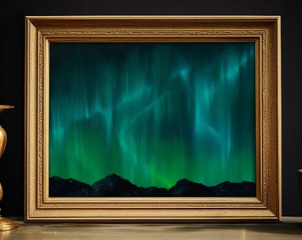 Aurores boréales, aurores boréales, paysage de montagne nocturne Alaska Impression artistique