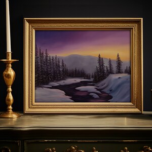 Sunset Snowy River, Pink and Purple Sunset,Mountain Landscape Alaska Fine Art Print