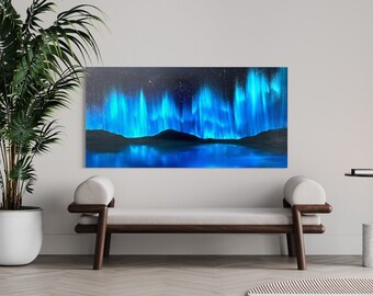 Blaue Nordlichter mit Bäume Original handgemaltes Ölgemälde