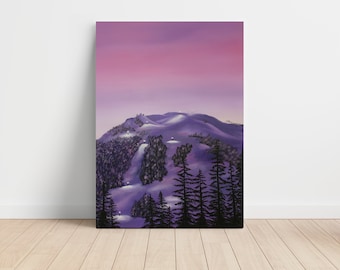 May include: A painting of a snow-covered mountain peak with a purple sky at dusk. The mountain is covered in trees and has a ski lift running up the side. The sky is a gradient of pink and purple.