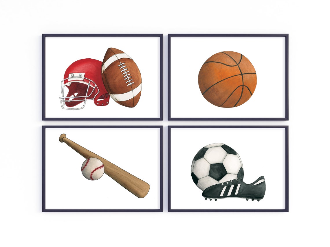 Watercolor Sports Art Prints Set of Four Sports Ball Wall Etsy