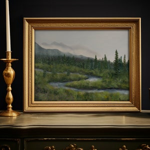 Moody River Mountain Landscape Painting, Nature Wall Art, Alaska Fine Art Print