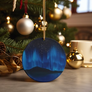 Blue Northern Lights Aurora Borealis Ceramic Christmas Ornament