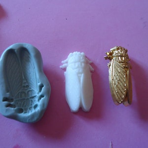 May include: Three cicada moulds, one is a grey silicone mould, one is a white plastic mould, and the other is a gold metal cicada.