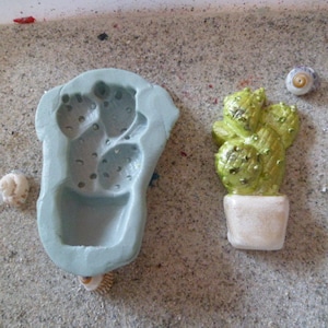 May include: A light blue silicone mould shaped like a cactus plant in a pot. Next to the mould is a small green cactus plant in a white pot.