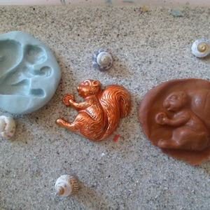 May include: Two silicone molds for making squirrel shaped decorations. One mold is light blue and the other is brown. There is also a small orange squirrel figurine.