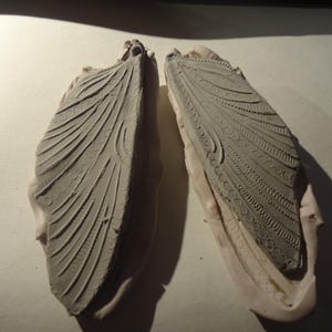 May include: Two gray clay molds with intricate patterns, resembling wings. The molds are on a white surface.