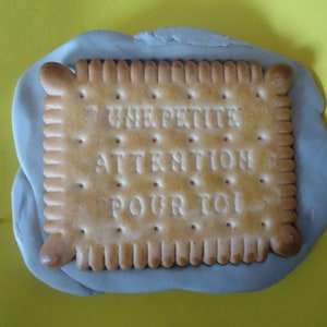 Peut inclure: Une base en argile gris clair avec un biscuit rectangulaire, brun et croustillant sur le dessus. Le biscuit porte l'inscription "UNE PETITE ATTENTION POUR TOI".