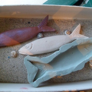 Puede incluir: Tres esculturas de peces en un recipiente rectangular lleno de arena. Un pez es marrón, otro blanquecino y el tercero es un molde azul verdoso de un pez. Pequeñas conchas marinas están esparcidas alrededor de los peces.