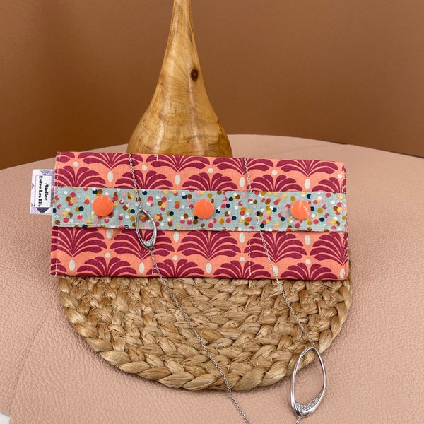 Etui à bijoux de voyage pochette housse nomade 6 compartiments, motif art déco rose