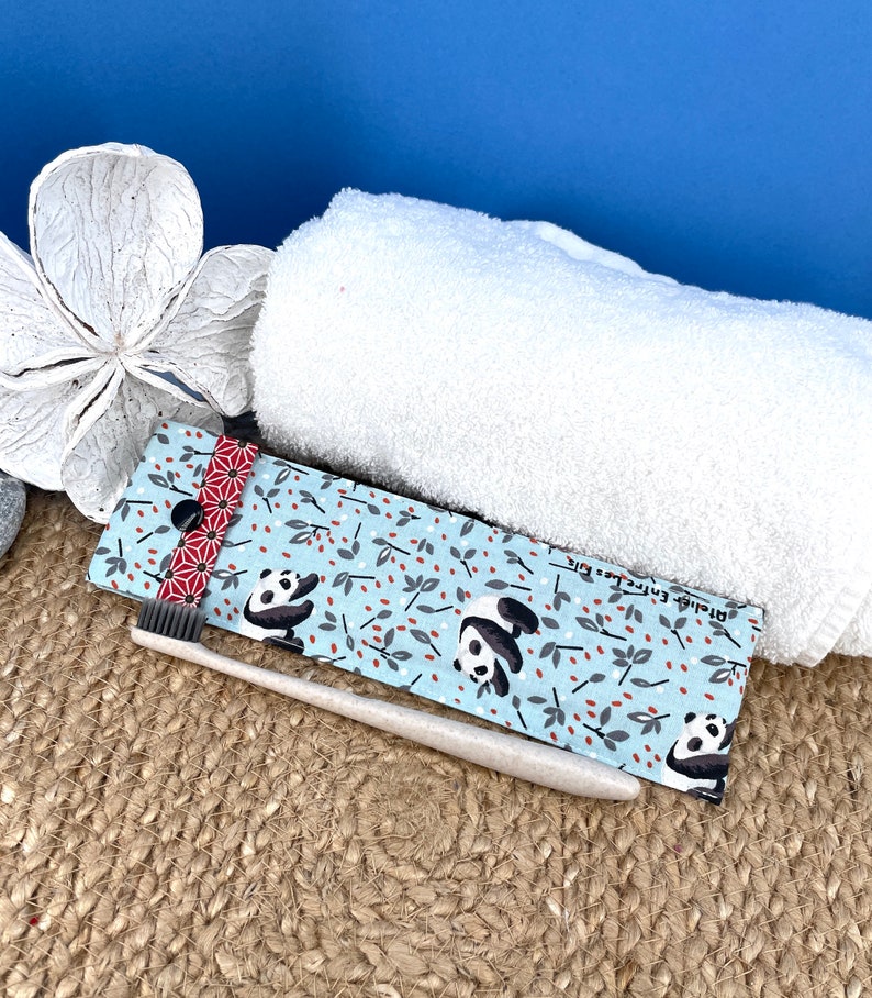 Etui pochette housse rangement réutilisable pour brosse à dents ou couverts coton enduit 30 pandas