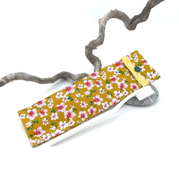 Etui pochette imperméable pour brosse à dents  coton enduit jaune et rose orchidées