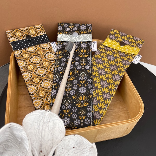 Case pouch cover waterproof storage for toothbrush black and mustard coated cotton