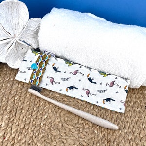 Etui pochette housse rangement réutilisable pour brosse à dents ou couverts coton enduit 34 oiseaux tropicaux