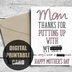 Cartão engraçado para o Dia das Mães, para imprimir, Feliz Dia das Mães, mãe, download digital, sarcástico, de filha, filho, desculpe por xingar tanto