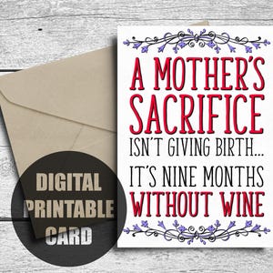Carte de fête des mères drôle, imprimable, carte d'anniversaire de vin pour maman, de sa fille, première fête des mères, accouchement, téléchargement numérique
