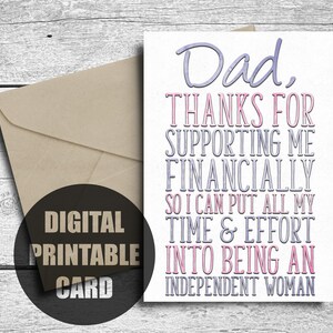 Tarjeta del Día del Padre de mi hija, imprimible, divertida tarjeta de cumpleaños para papá, carga financiera, mujer independiente sarcástica, descarga digital instantánea