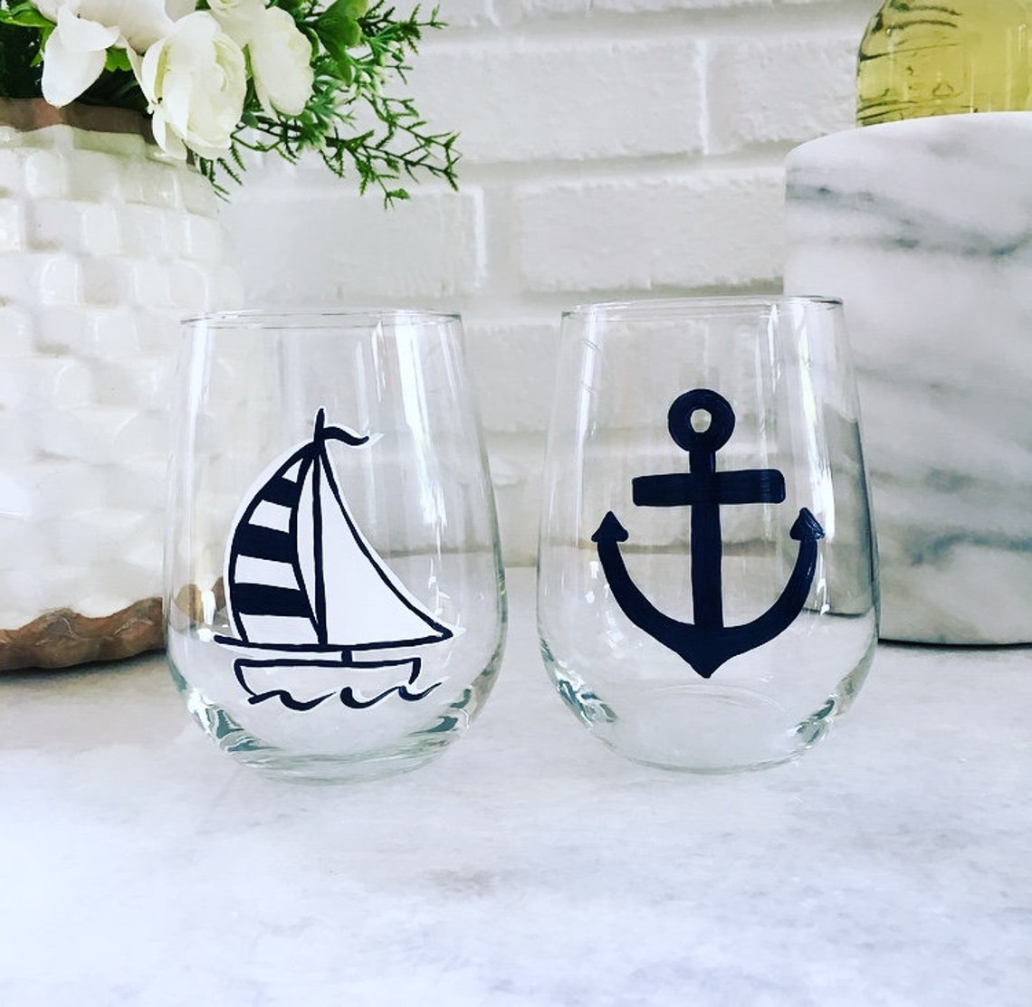 Sailboat Wine Glass Hand Painted Nautical Theme Sail Away With Me