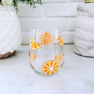 Orange slice design - hand painted wine glass - citrus fruit - painted fruit designs - fruit decor - unique gift idea - orange crush glass