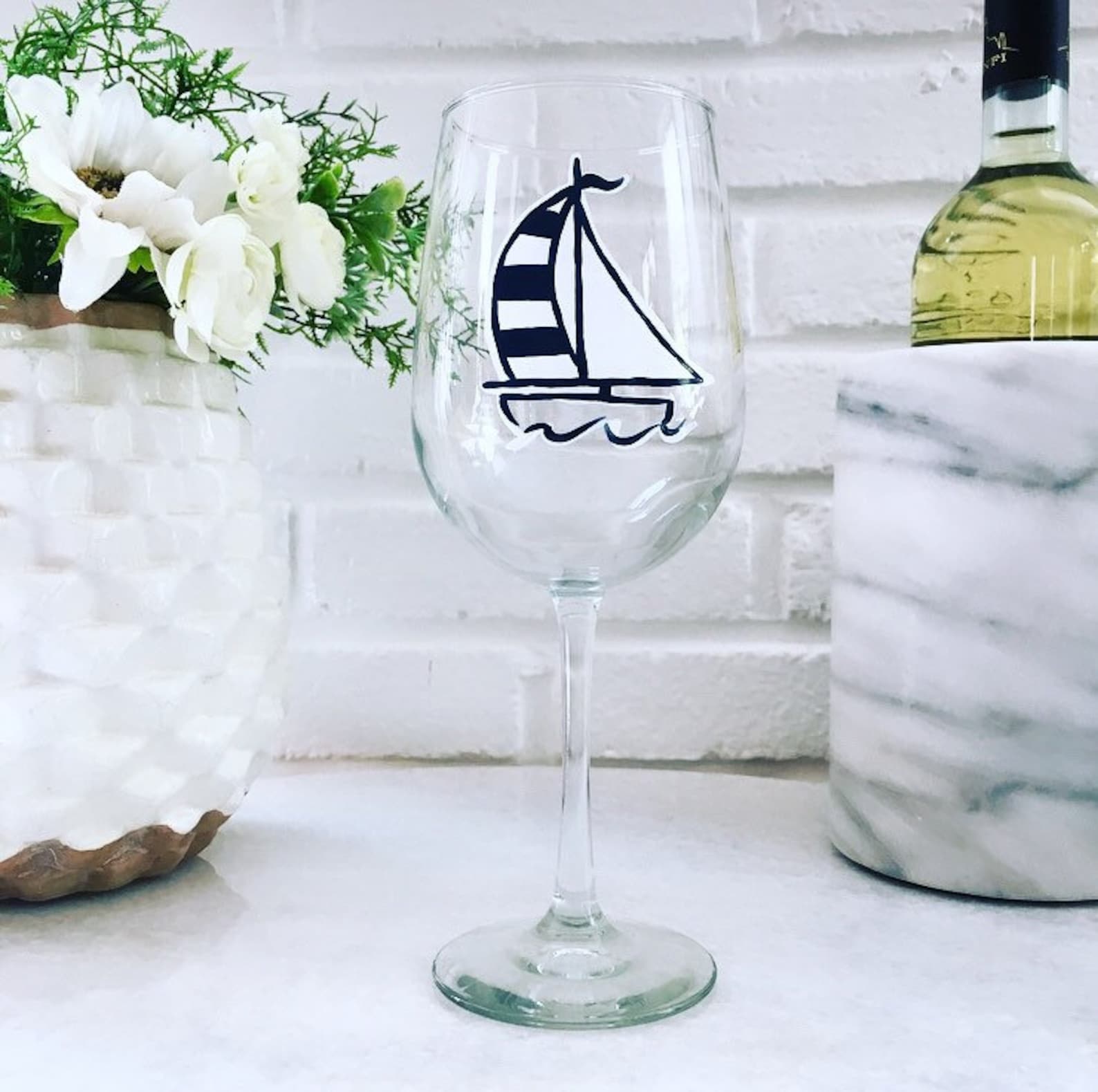 Sailboat Wine Glass Hand Painted Nautical Theme Sail Away With Me