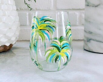 Preppy Palm Trees Wine Glass - Whimsical Palm tree glasses - Hand Painted Palm Tree Wine Glasses - Handmade Palm Tree Glasses