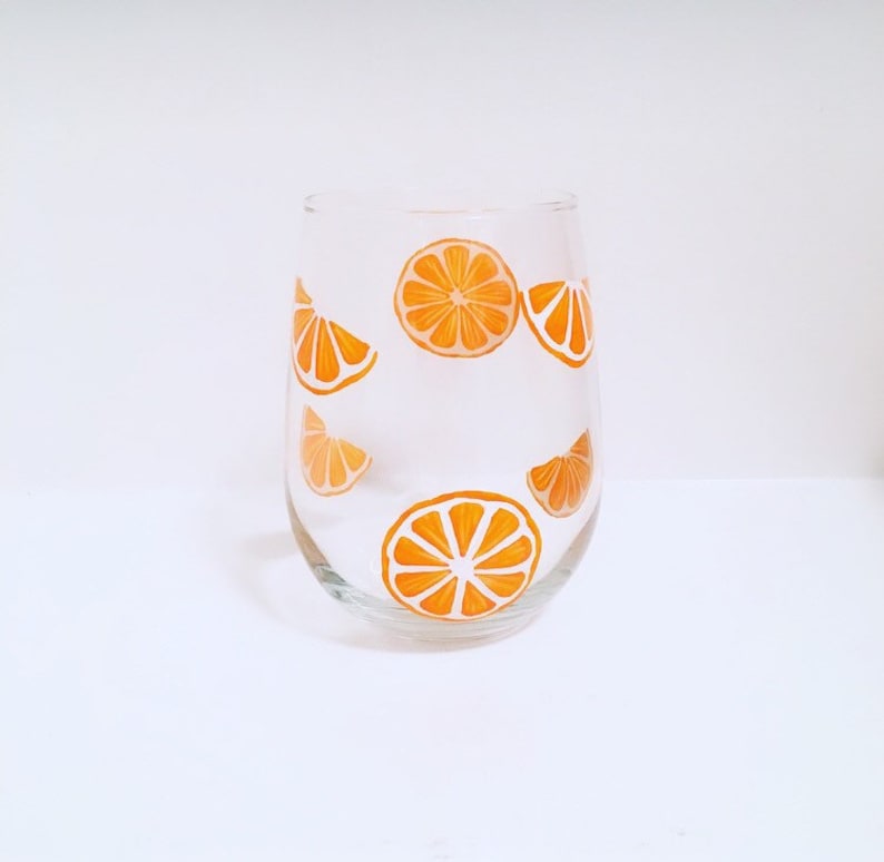 Orange Slice Design Hand Painted Wine Glass Citrus Fruit Etsy