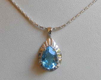 Handmade Swiss blue topaz pendant, silver and topaz necklace, unique gift idea for women