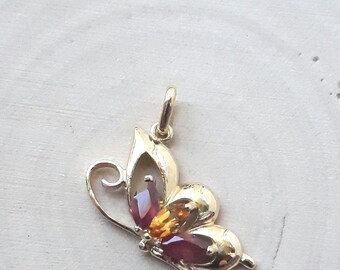 18k yellow gold pendant with garnets and citrine, 18k gold butterfly wing pendant, gift idea for women