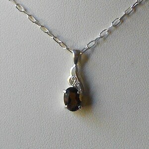 May include: A silver chain necklace with a pendant featuring a dark brown oval gemstone set in a silver swirl design.