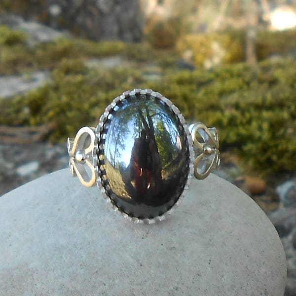 Bague hématite, argent 950, hématite, taille ovale cabochon 18x13 mm, bague sur mesure, bague unique, cadeau femme, anniversaire femme