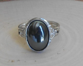 Bague fait main argent 950 hématite et spinelles noires