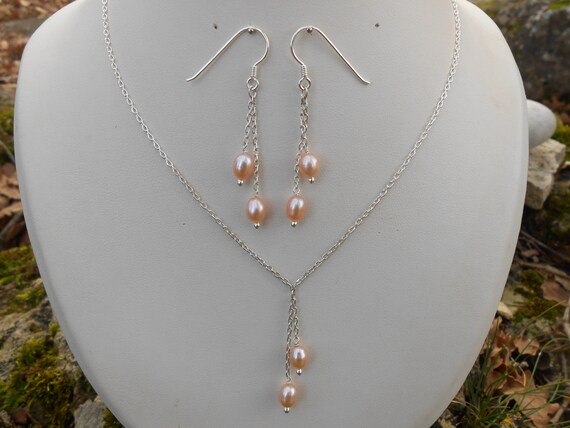 Parure perles d'eau douce, collier argent 925, boucles d'oreilles argent 925, parure fait main, cadeau pour femme