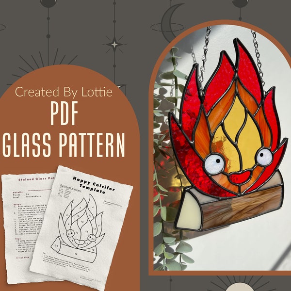 Flame on Log | Stained Glass Pattern | PDF | Digital Download | Ghibli | Suncatcher | Cricut Template