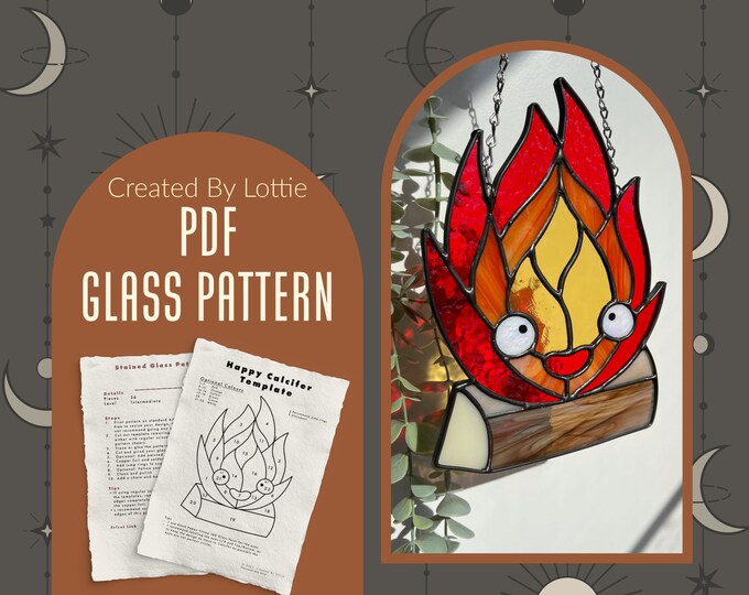Flame on Log Stained Glass Pattern PDF Digital Download Ghibli