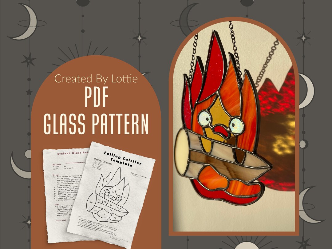 Falling Flame on Log Stained Glass Pattern PDF Digital Download Ghibli