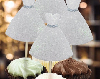 Bridal Shower Dress glitter cupcake toppers with rhinestones, sparkle decorations, wedding toppers, soon to be mrs