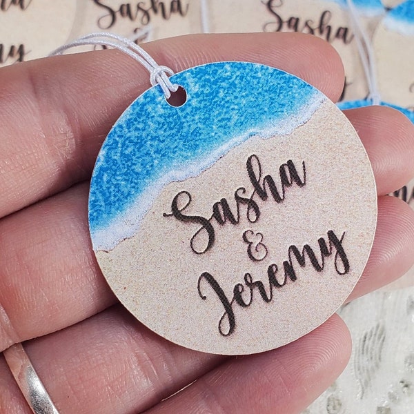 Beach Theme 110 lb. Cardstock Personalized Tags for Destination Wedding Birthday Anniversary Sand Ocean Favor w/string