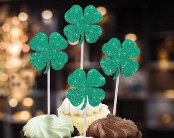 Saint Patrick's Day glitter cupcake toppers four leaf clover good luck shamrock celebration Irish theme wedding birthday