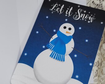 Snowman Christmas cards, shimmer cardstock, holiday card set with envelopes, let it snow theme, family and friend mail, rhinestone coal eyes