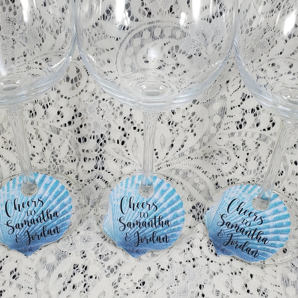 Wine Glass Aqua Seashell Beach Cardstock Drink Tags for Party Weddings Holidays Stem Name Marker Bridal Shower Birthday