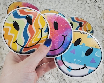 Colorful happy face stickers 3 inch smiley set of 6 for birthday, bachelorette, wedding favors, scrap-booking, gifts