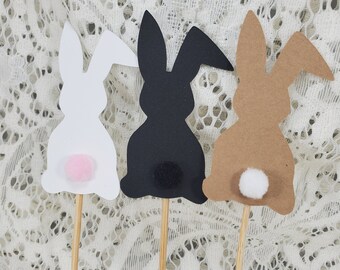 Bunny rabbit cupcake topper with fluffy bunny tail, cute cupcake topper, Easter theme decore, First Birthday, birthday decor, multiple color